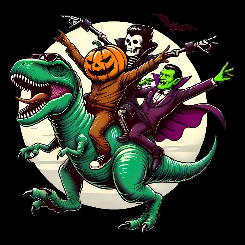 Trio effrayant Riding TRex Halloween Fun