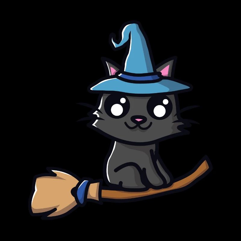 Cat with witch hat on witches broom