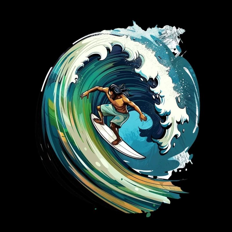 Surfeur sur une grosse vague dans une illustration 2D