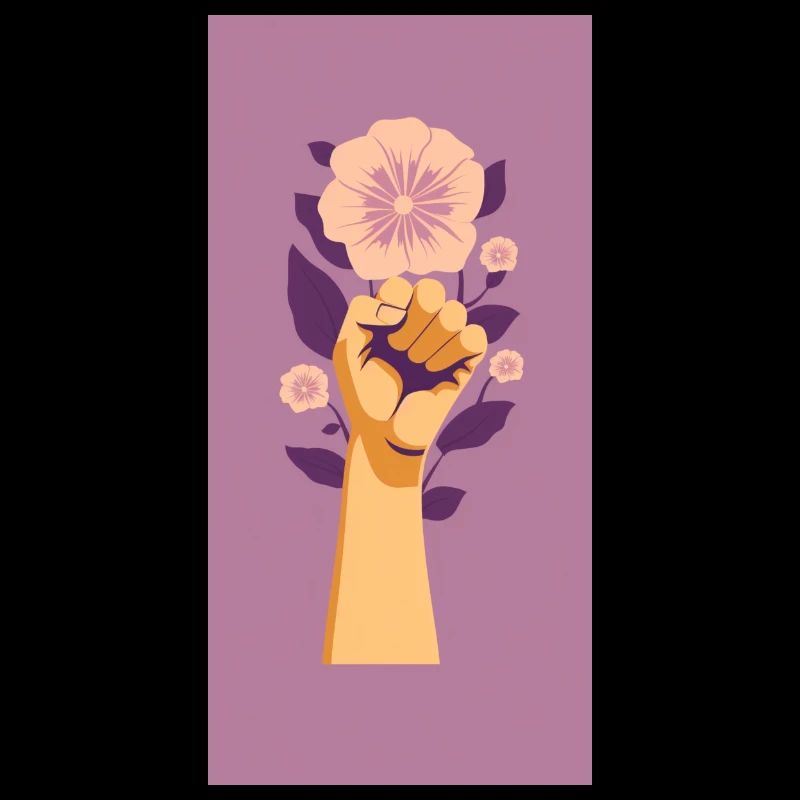 Feministische Faust mit lila Blume.