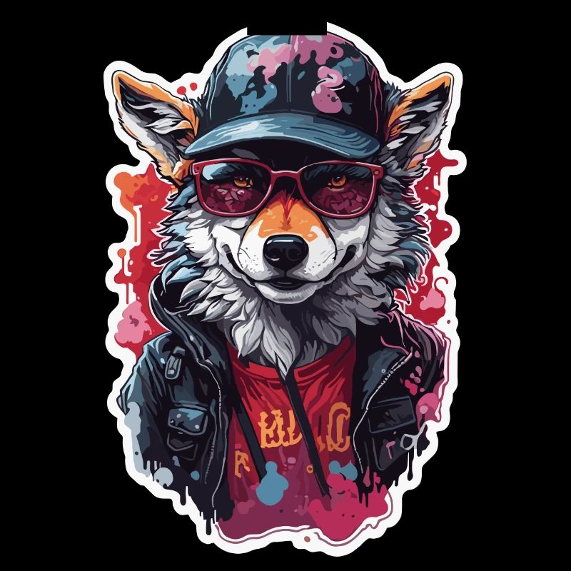 Wolf Cool Cool with Cap and Glasses Colorful