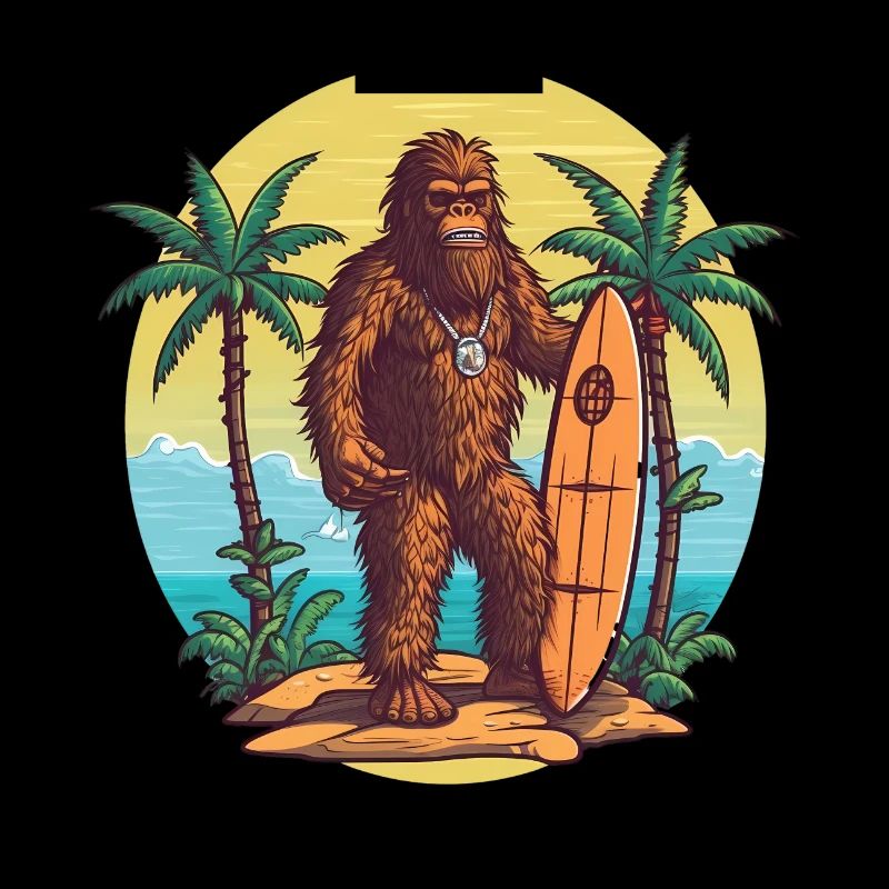 Bigfoot Mit Einem Surfbrett Am Strand Von Hawaii