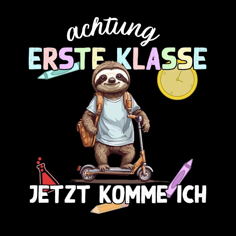 Lustiges Faultier Schulkind auf Roller Einschulung