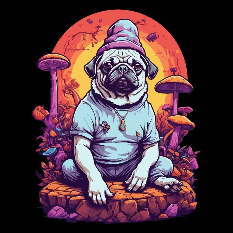 Magischer Mops Hund Psychedelic Art Wald Pilze