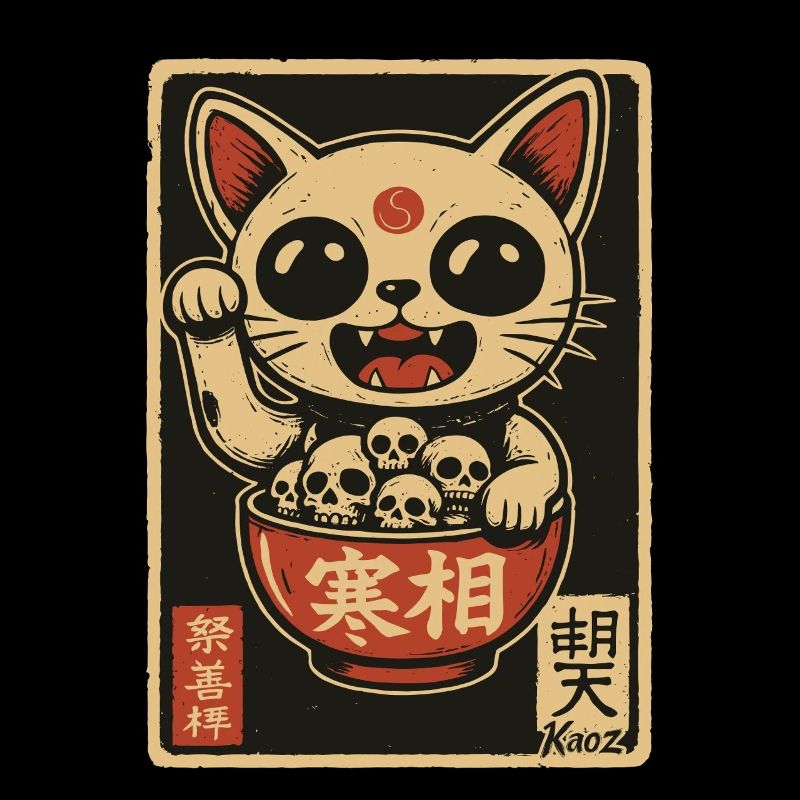 Dark Waving Cat with Skulls