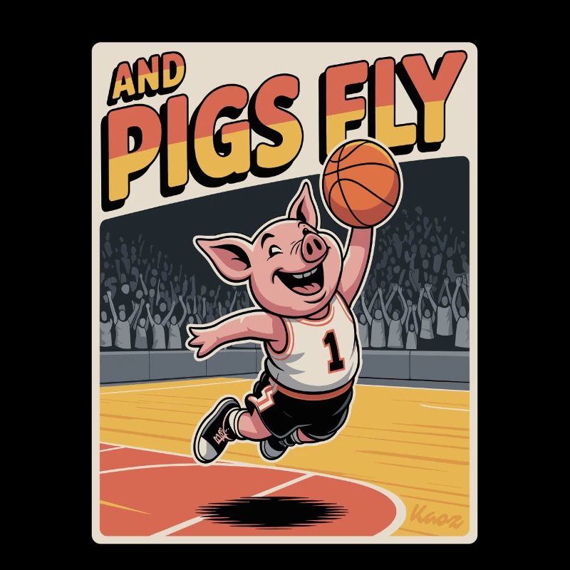 Flying pig playing basketball