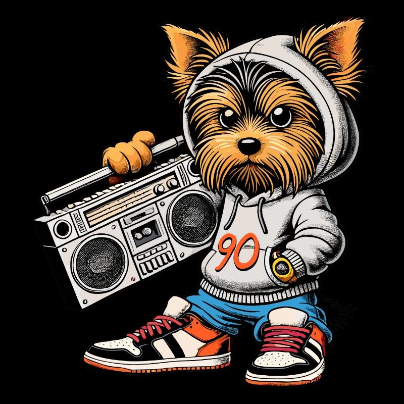Ein cooler Yorkie Yorkshire Terrier mit einem 90er