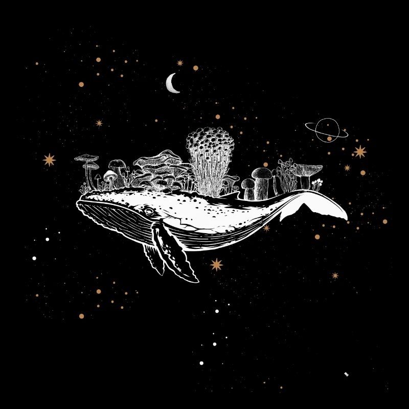 Baleine surréaliste avec des champignons dans l’espace avec des étoiles