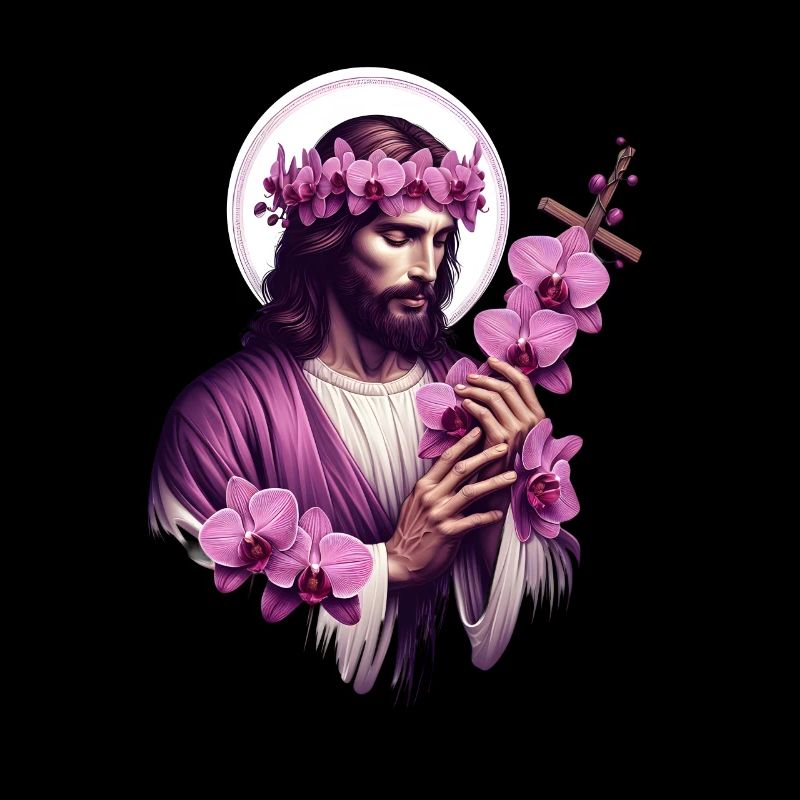 Jesus mit lila Orchideen