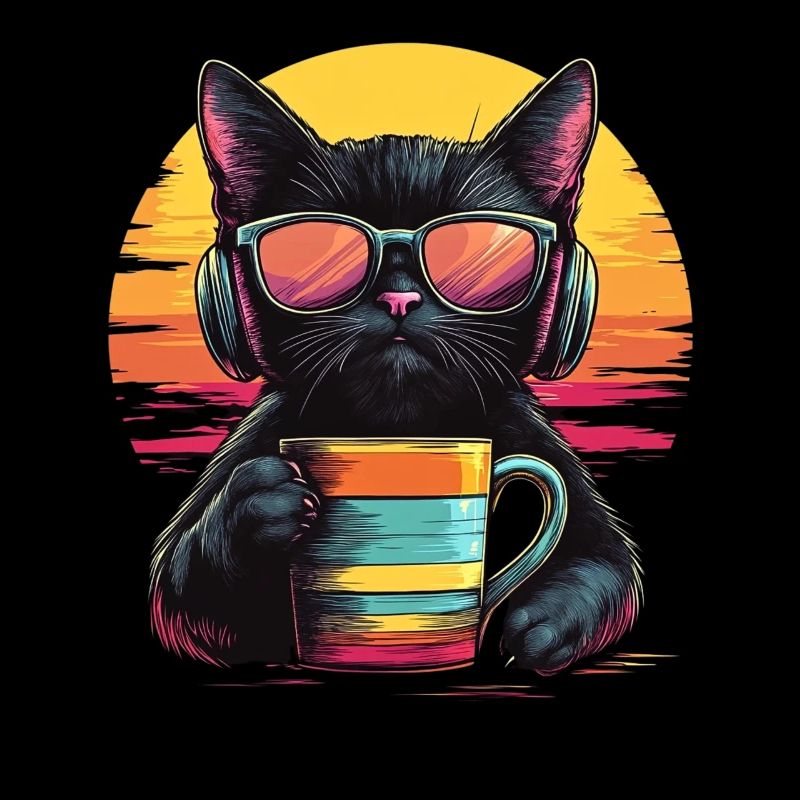 80er-Jahre-Stil: Chillige Katze mit Kaffee