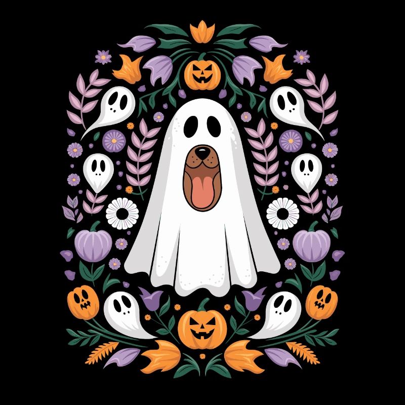Fantôme de chien d'Halloween avec citrouilles et fleurs