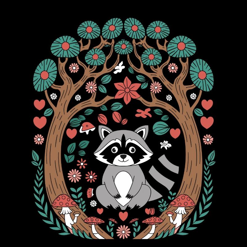 Cottagecore raccoon in the enchanted forest between trees