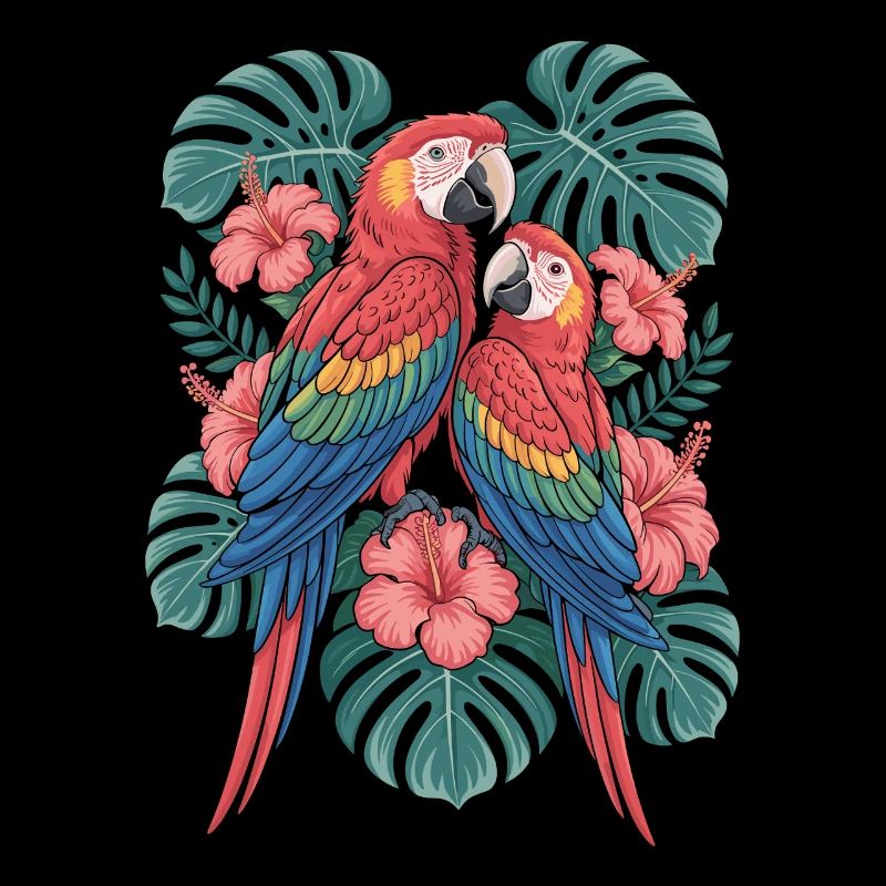 Perroquets exotiques aux fleurs tropicales