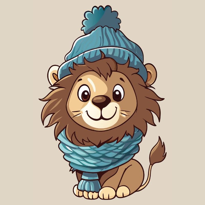 Mignon lion avec écharpe et chapeau à pompon.