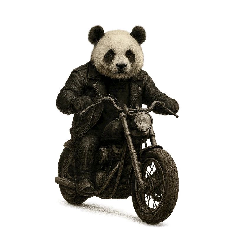 Leather Panda Biker on Motorcycle