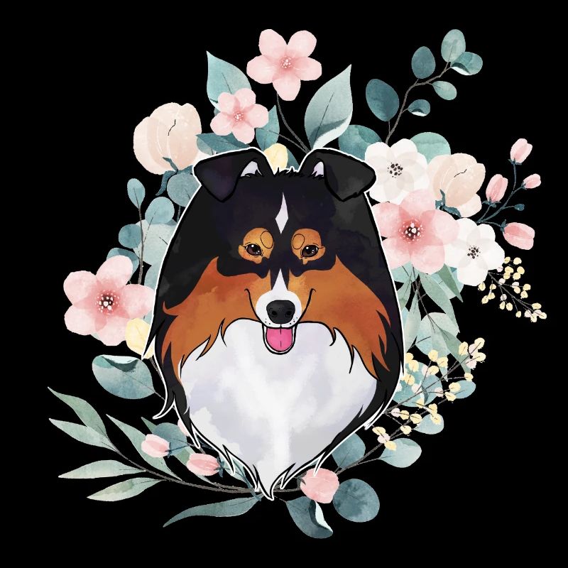 Sheltie black tri flowers