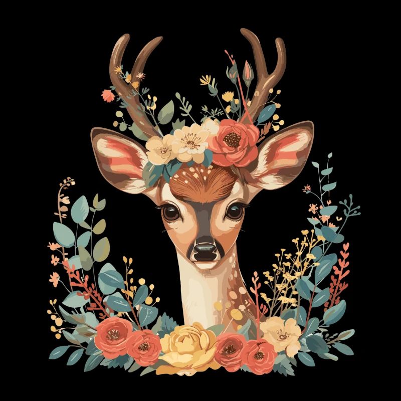 Cerf avec des vrilles de fleurs