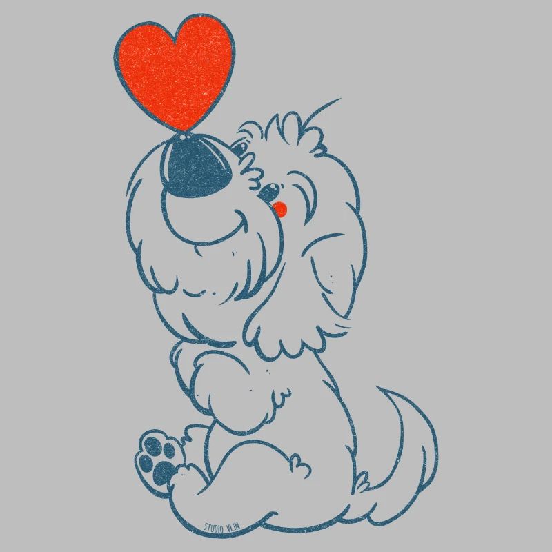 cockapoo Thor with heart in blue line drawing