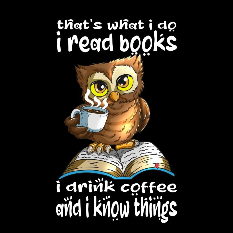 Kaffee Trinker Eule liest Bücher viel Wissen
