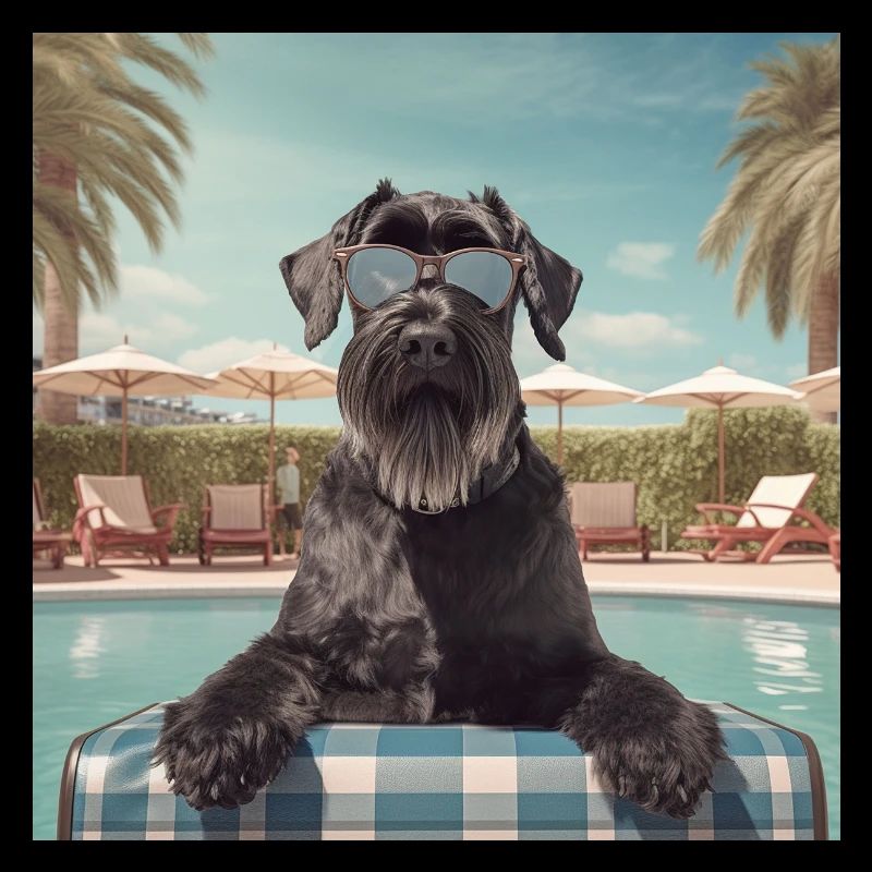 Schnauzer géant avec lunettes de soleil en vacances