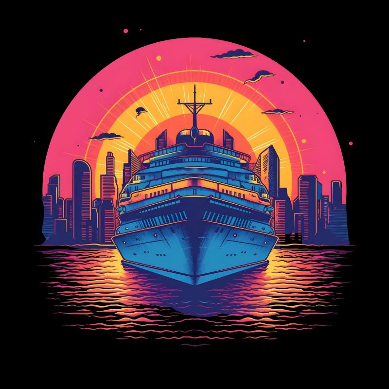 Coucher de soleil sur le bateau de croisière Synthwave