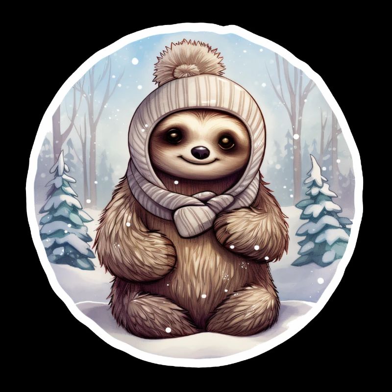 Sloth in the snow with cap