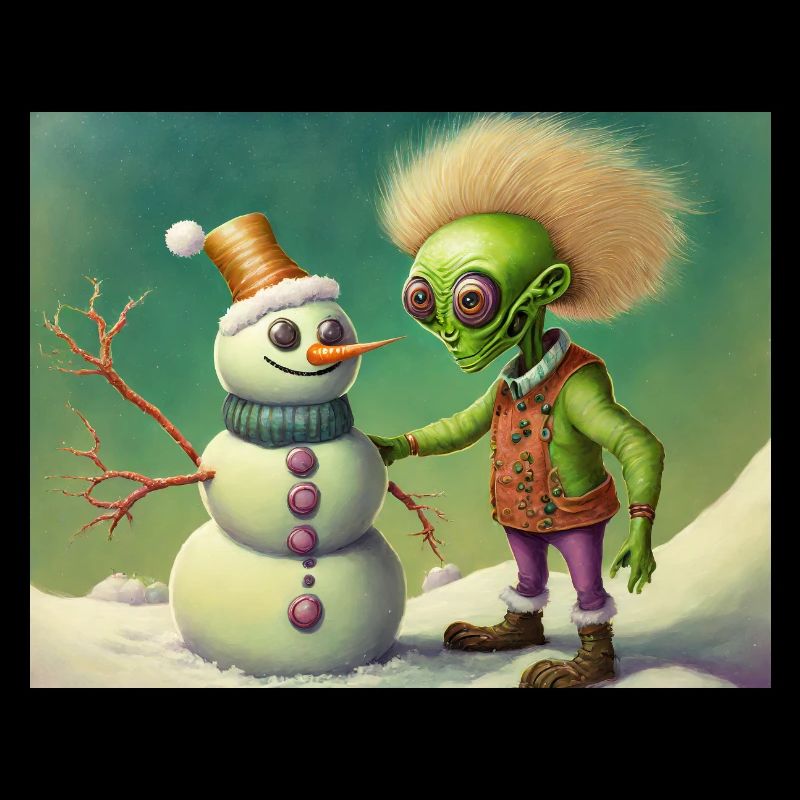 alien is building a snowman