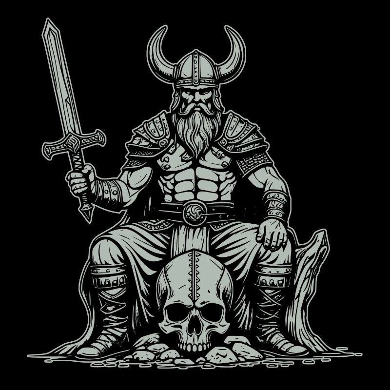 Viking avec une épée sur un crâne
