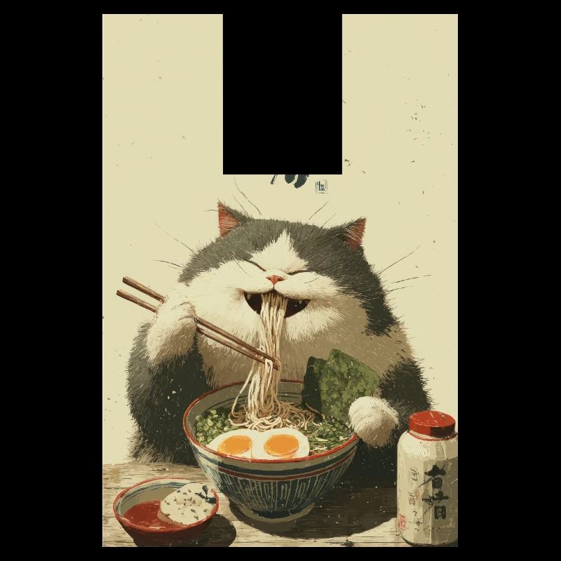 Le chat heureux adore les ramen
