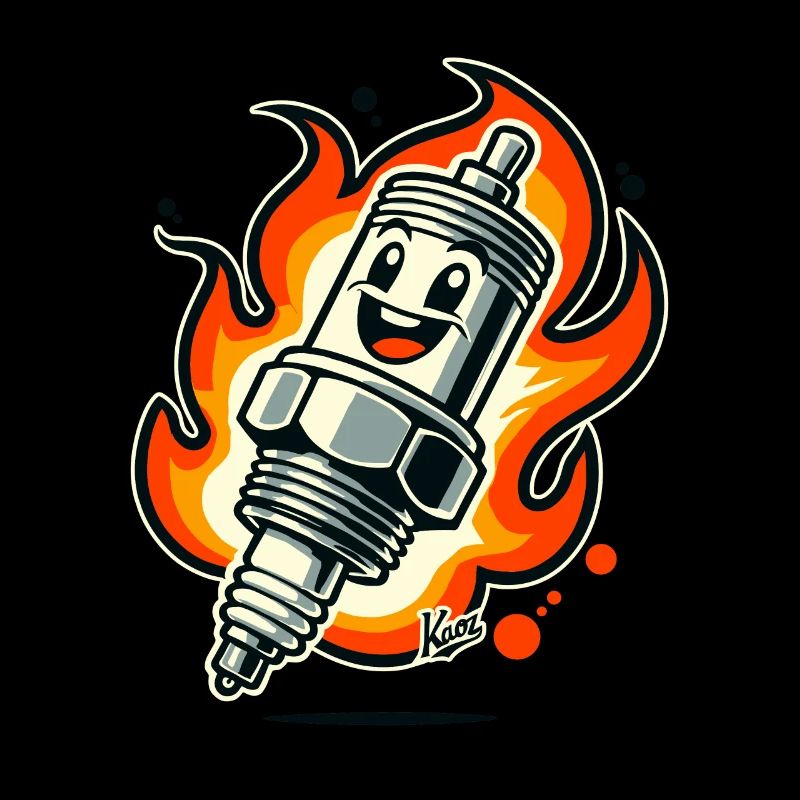 Cheerful spark plug on fire