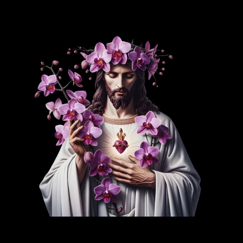 Jesus mit lila Orchideen