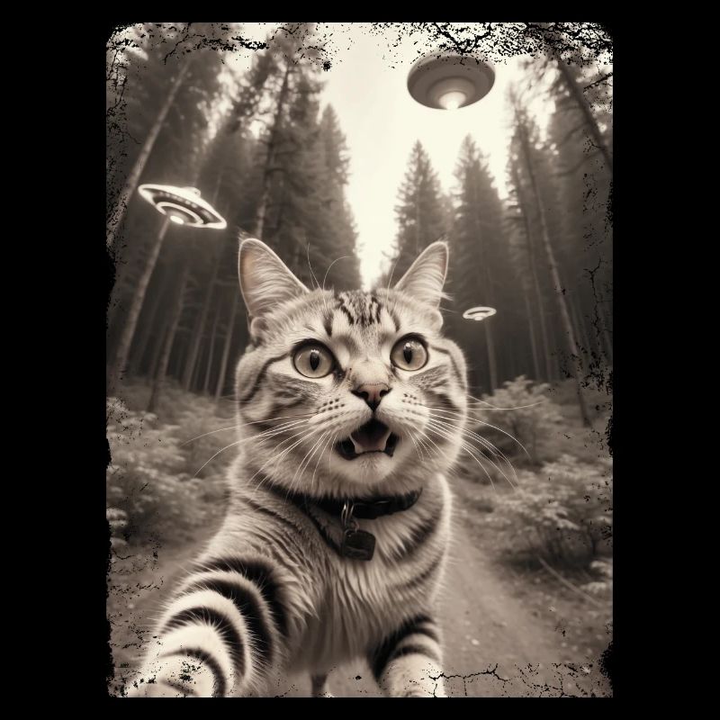 Selfie de chats avec la conception d’un vaisseau spatial extraterrestre