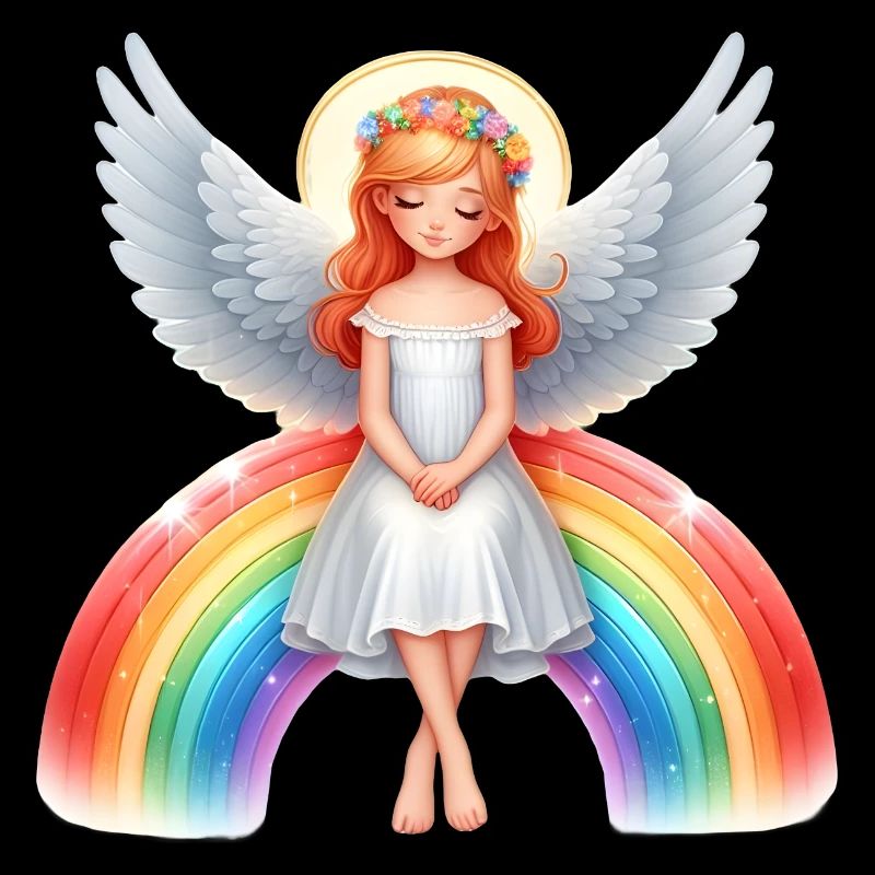 Engel sitzt auf Regenbogen