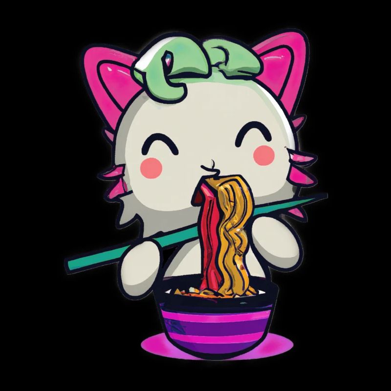 Axolotl Katze isst Ramen Nudeln