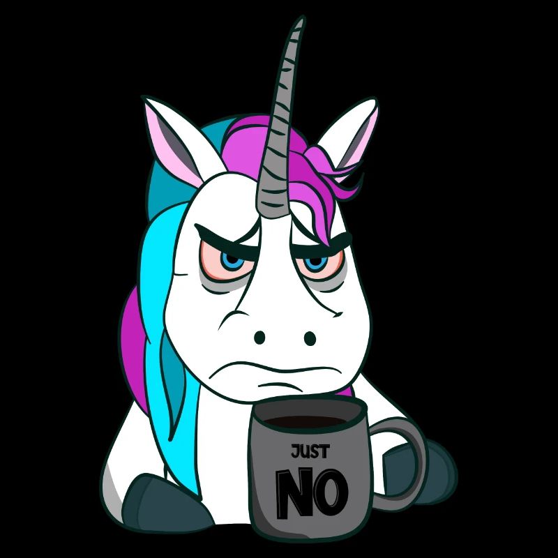 schlecht gelauntes Einhorn mit Kaffeebecher