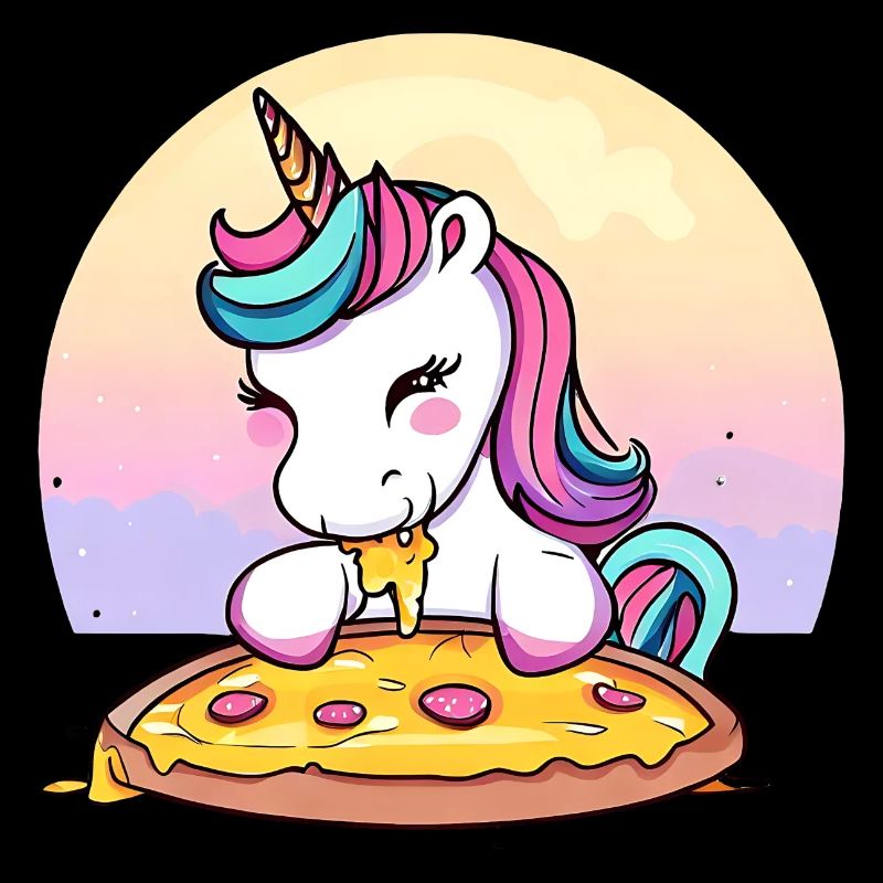 Unicorn eating pizza in sunset