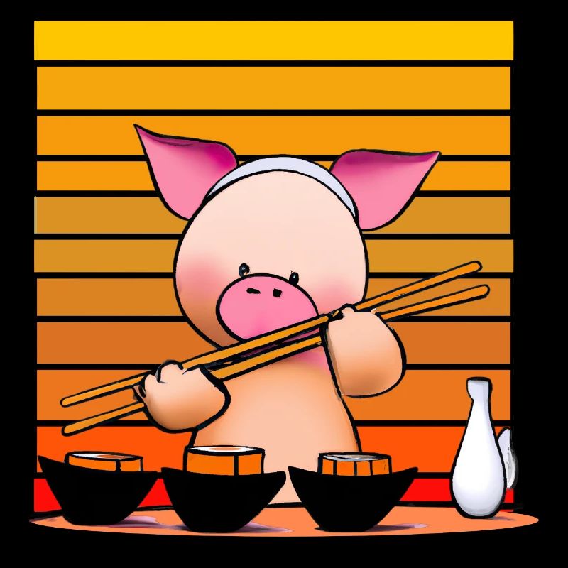 Schwein versucht Sushi mit Stäbchen