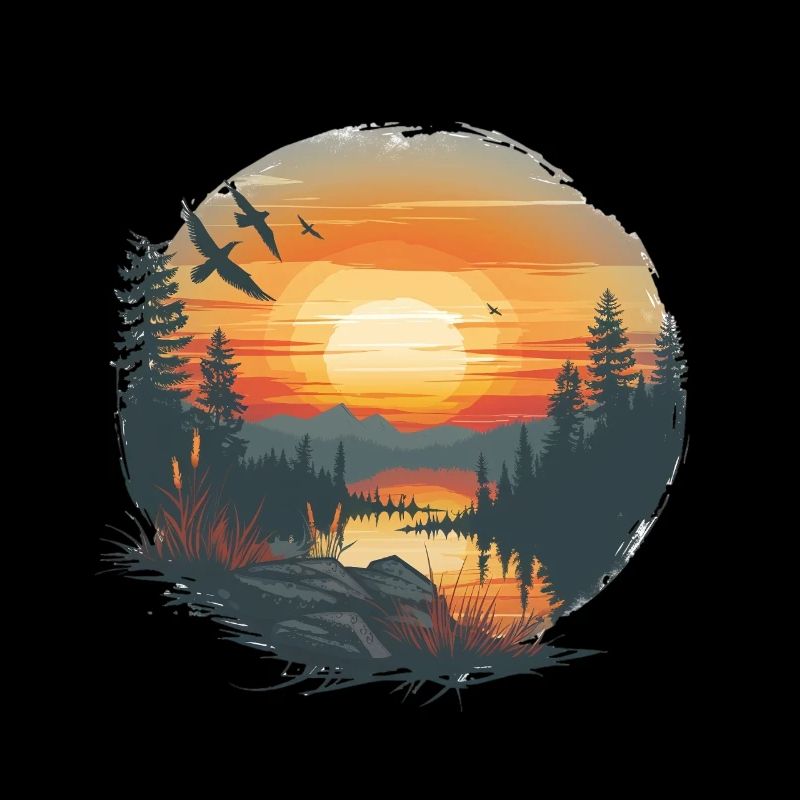 Coucher De Soleil Montagnes Et Scène De Forêt