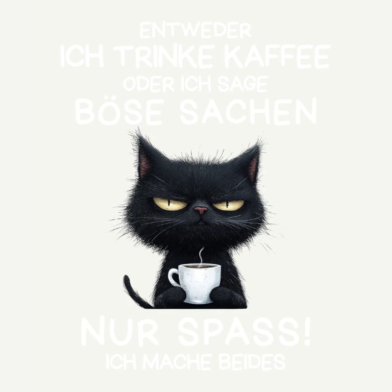 Schwarze Katze mit Kaffee und Todesblick