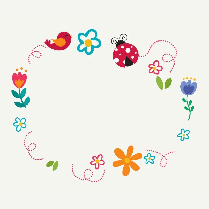 Round frame with flowers, ladybug and bird