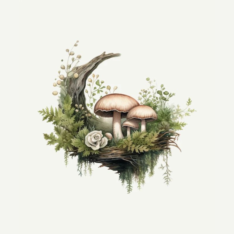 Champignons forestiers et mousse à la rose