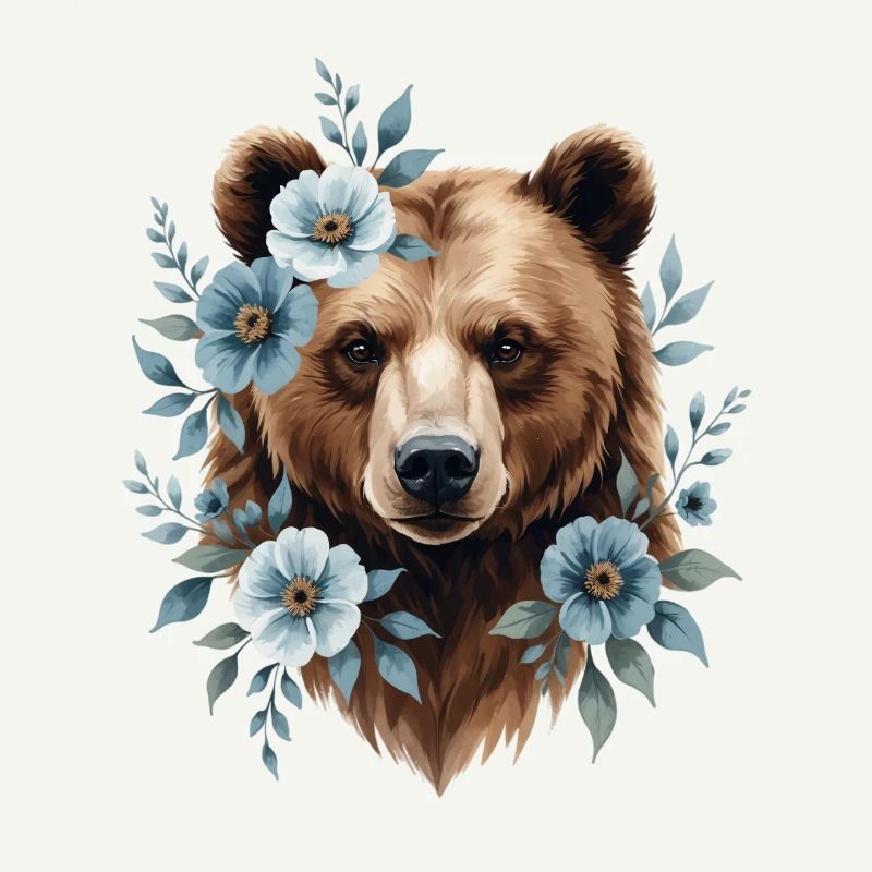 Ours avec cadre de fleurs bleues