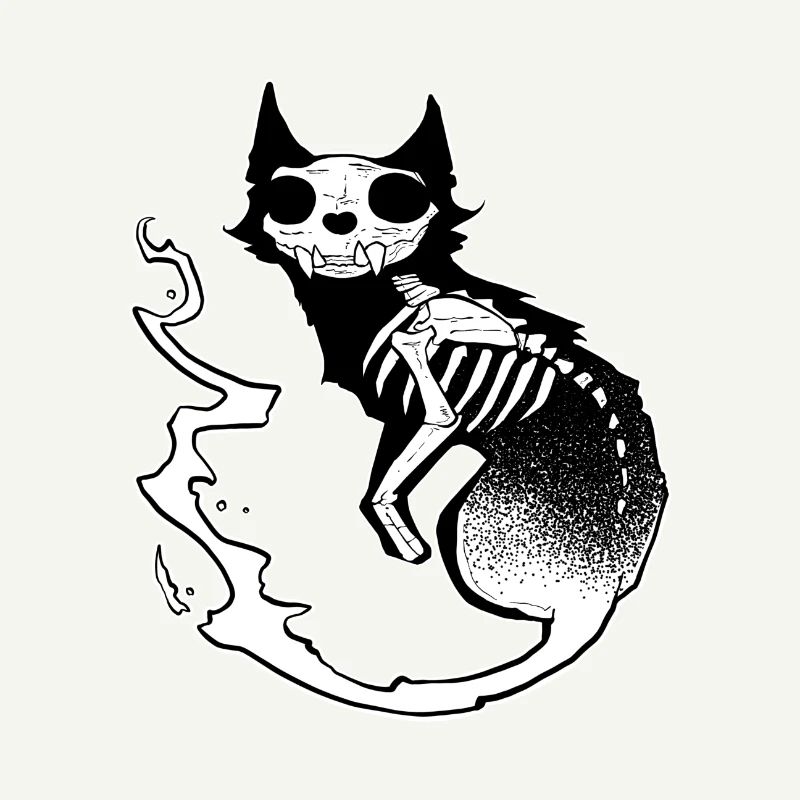 Totenkopf schwarze Katze dunkle Halloween dotwork Kunst