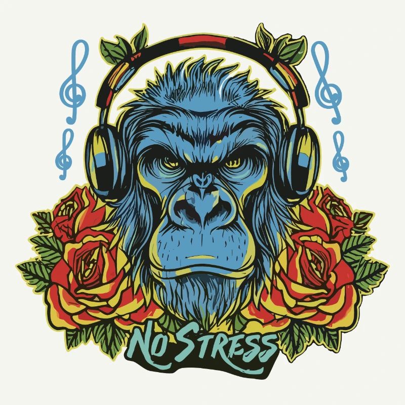 Gorilla mit Kopfhörer Lustiger Spruch NO STRESS