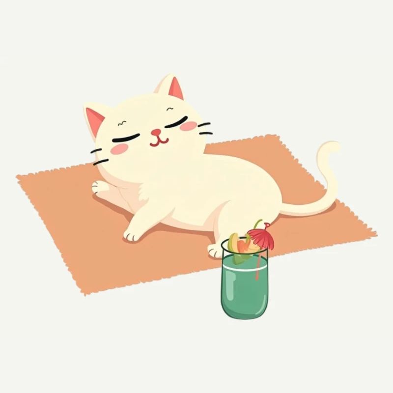 Chat de dessin animé se relaxant sur la plage sur une couverture et une boisson