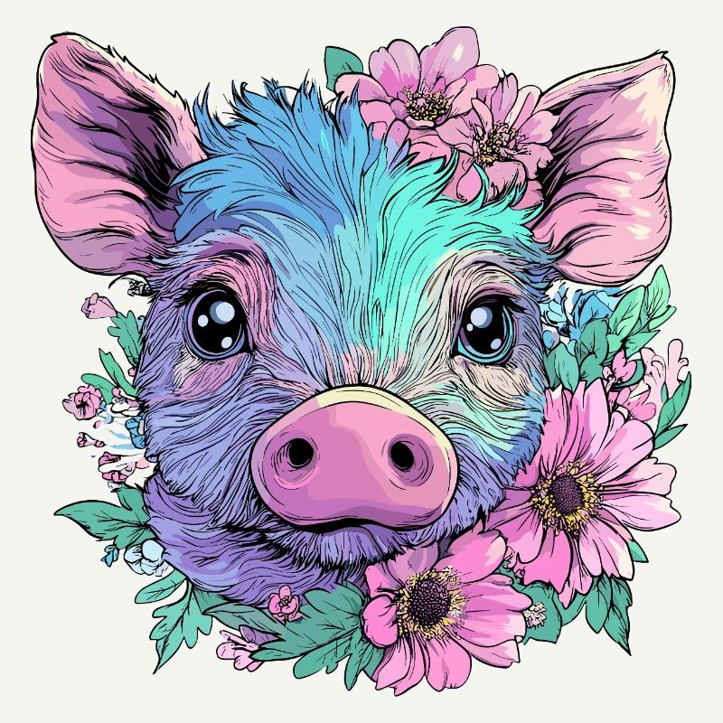 Mignon cochon pastel avec des fleurs