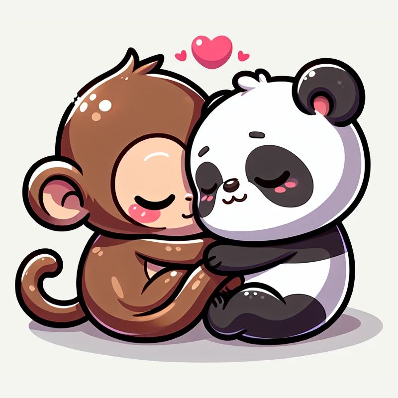 Cuddling Monkey And Panda In Love