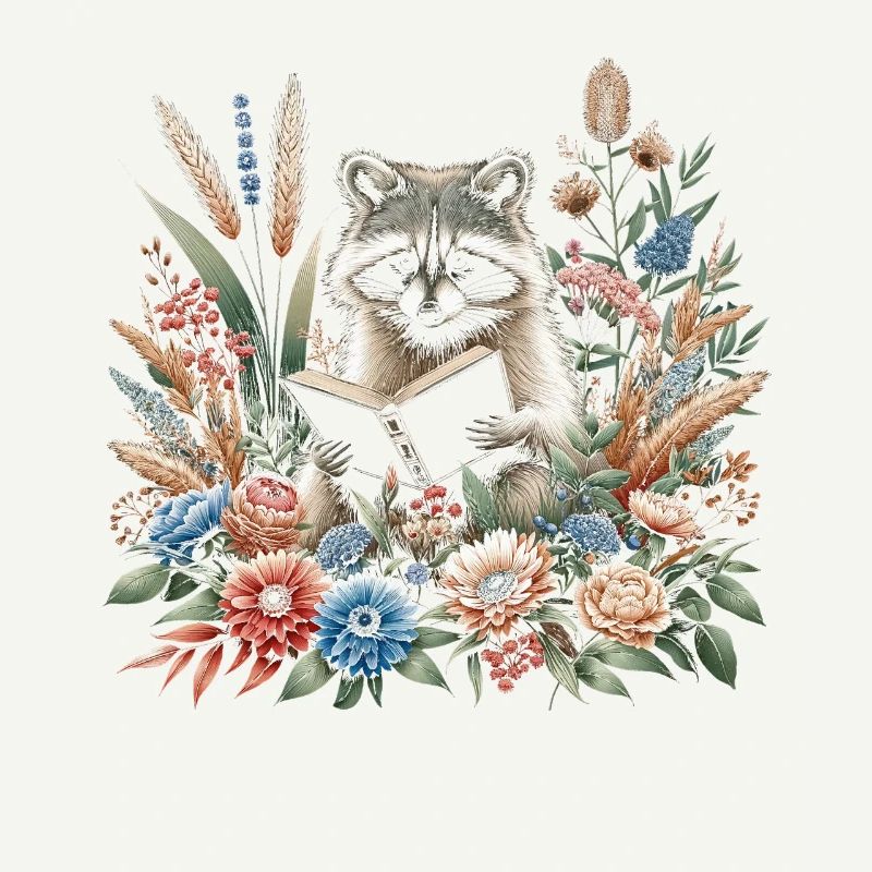 Cottagecore Waschbär mit Buch in Blumen