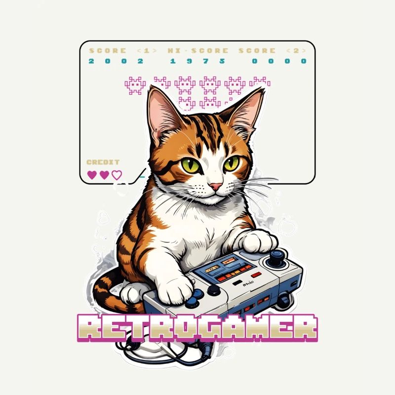 Retro Gaming Katze: Retrogamer mit Controller