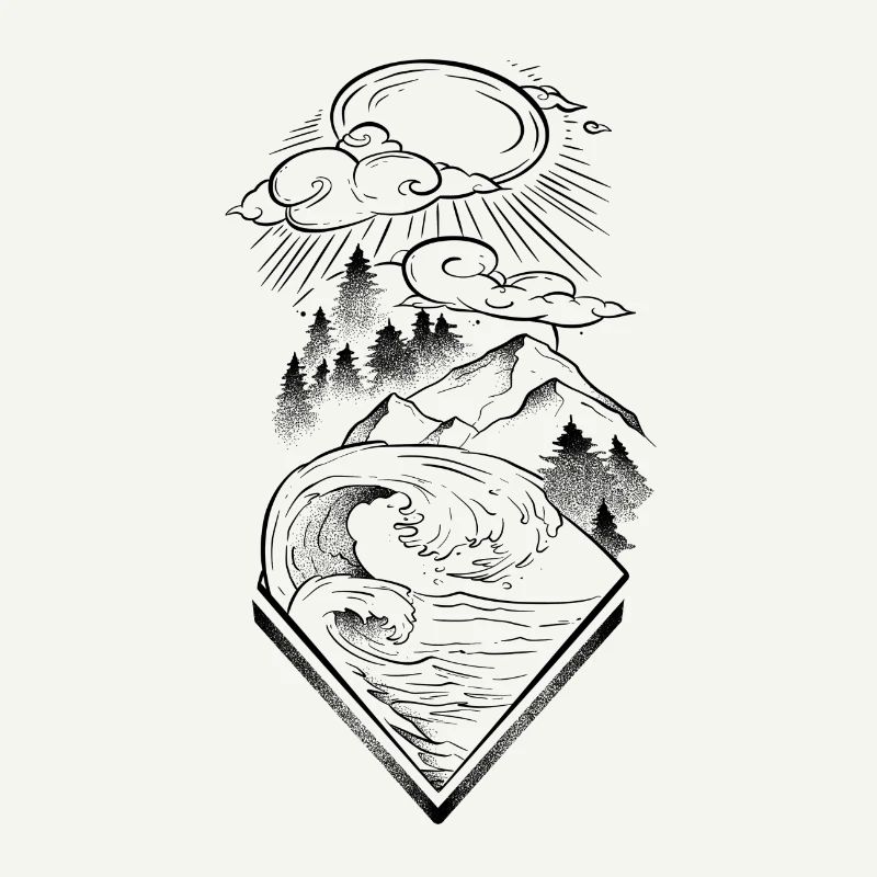 Seascape ocean and mountains lineart and dotwork